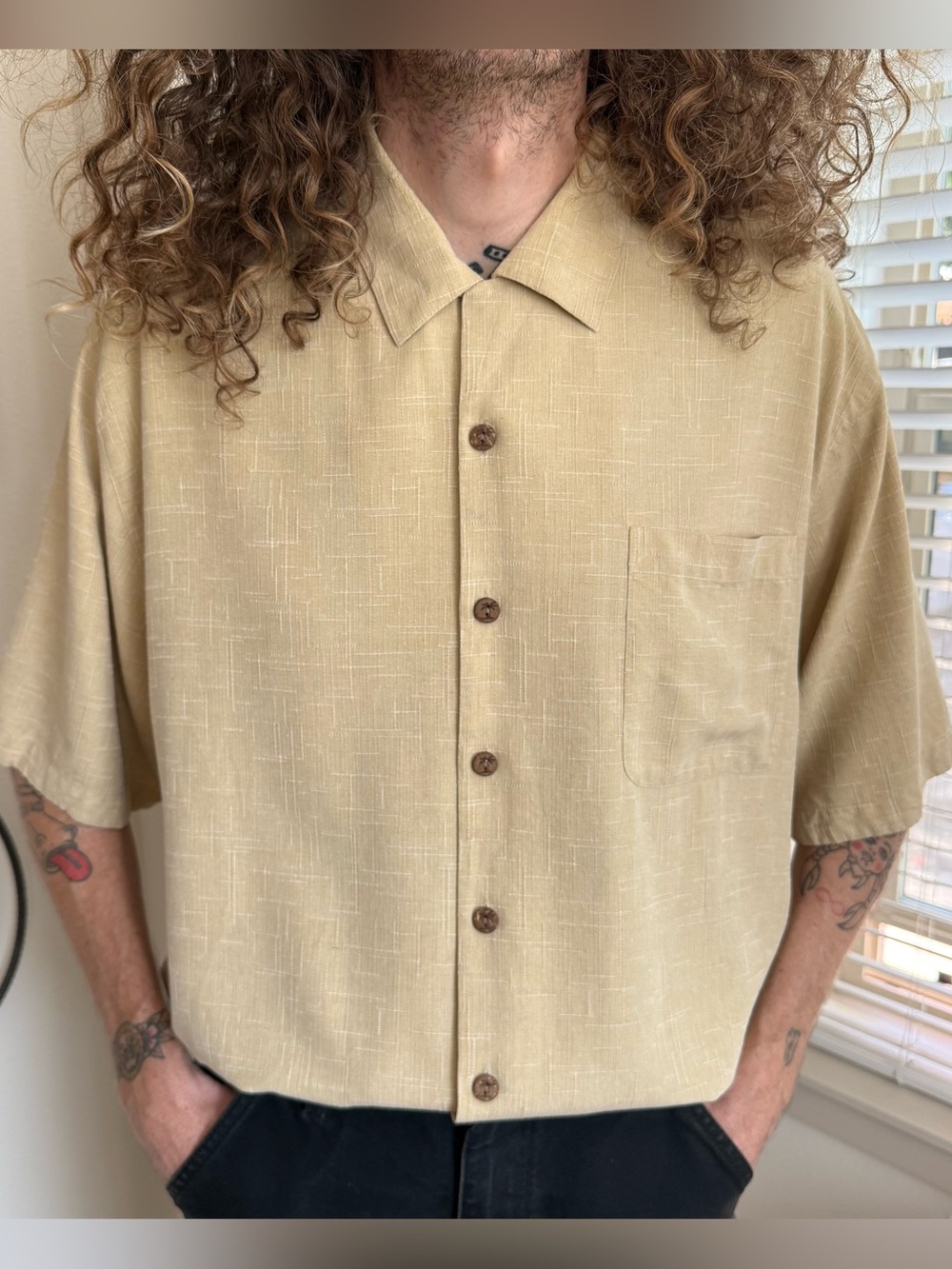 Vintage 90s Y2K Cream Silk Jacquard Minimalist Loop Collar Button Down Shirt ~ L